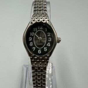 3/$30 Oval Dial Watch Women Black Face Silver Tone Stretch Band 6.25"